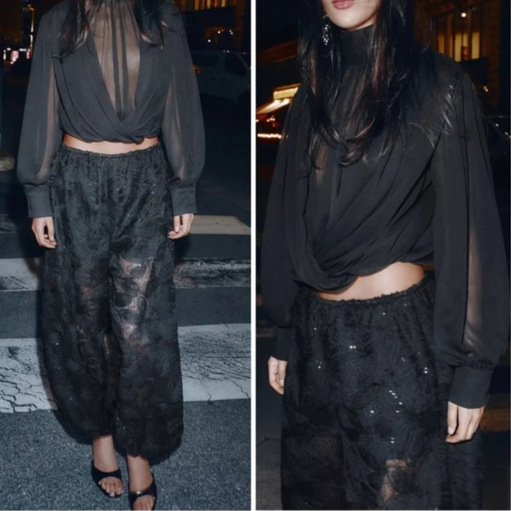 ZARA Set 2pc SEQUINED BALLOON PANTS AND TOP BLACK Size M